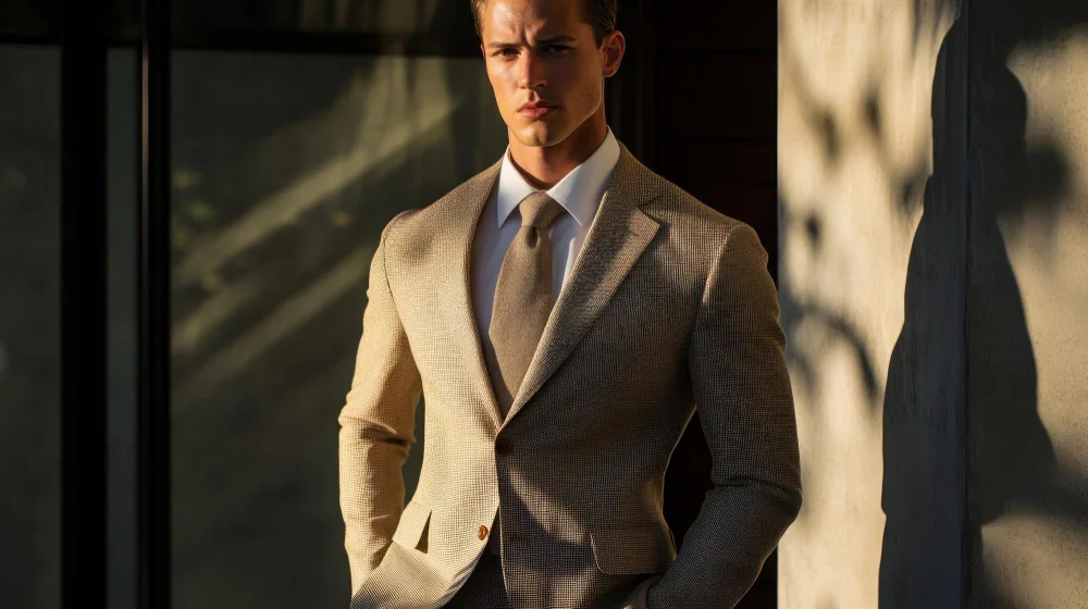 Man in stylish brown suit standing confidently
