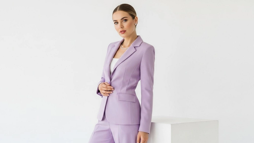 Woman in lavender suit standing elegantly
