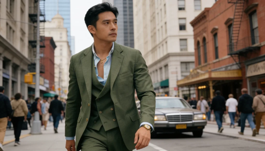 Man in Olive green suit walking on street