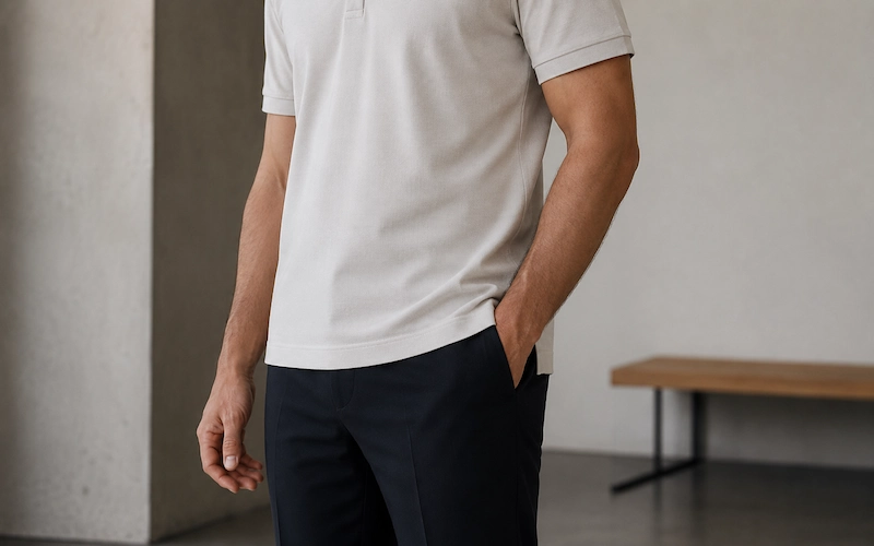 Man in light polo shirt and dark trousers