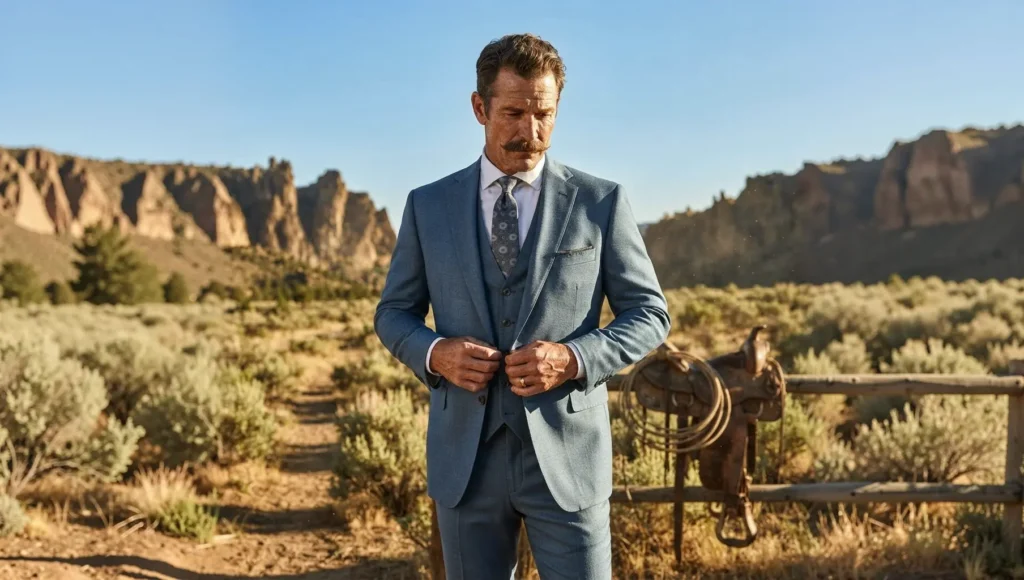 Man in Slate Blue suit in a desert landscape