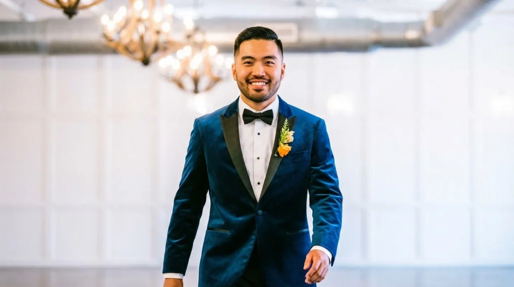 Smiling man in a formal Velvet Jewel Tones suit