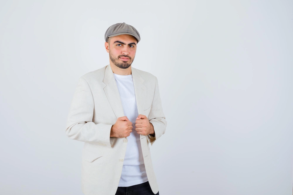 Man in a White and Beige suit jacket and cap