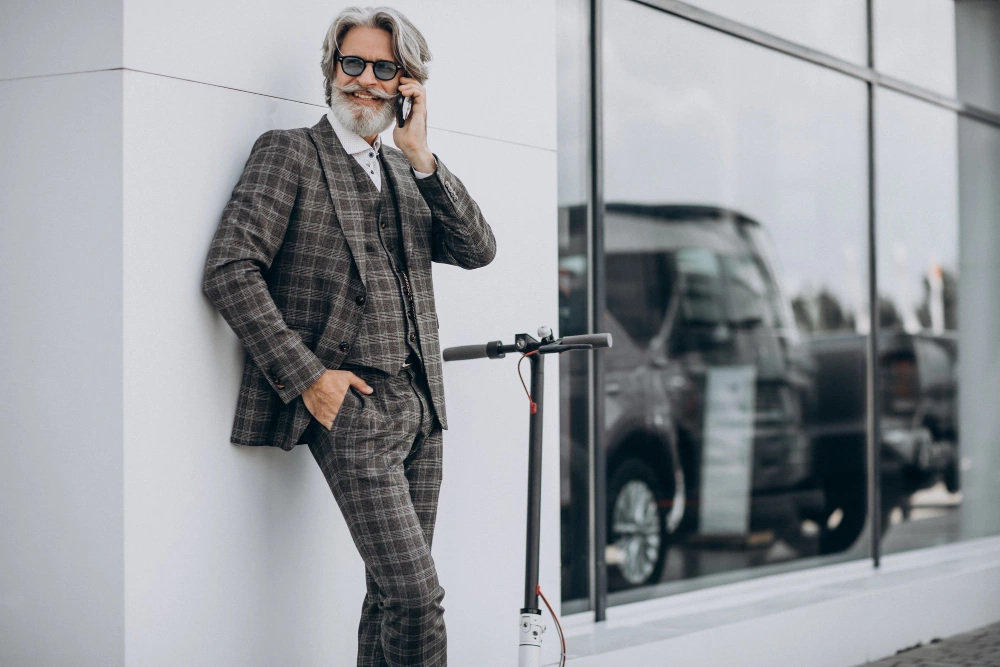 Stylish man in a Windowpane suit with scooter